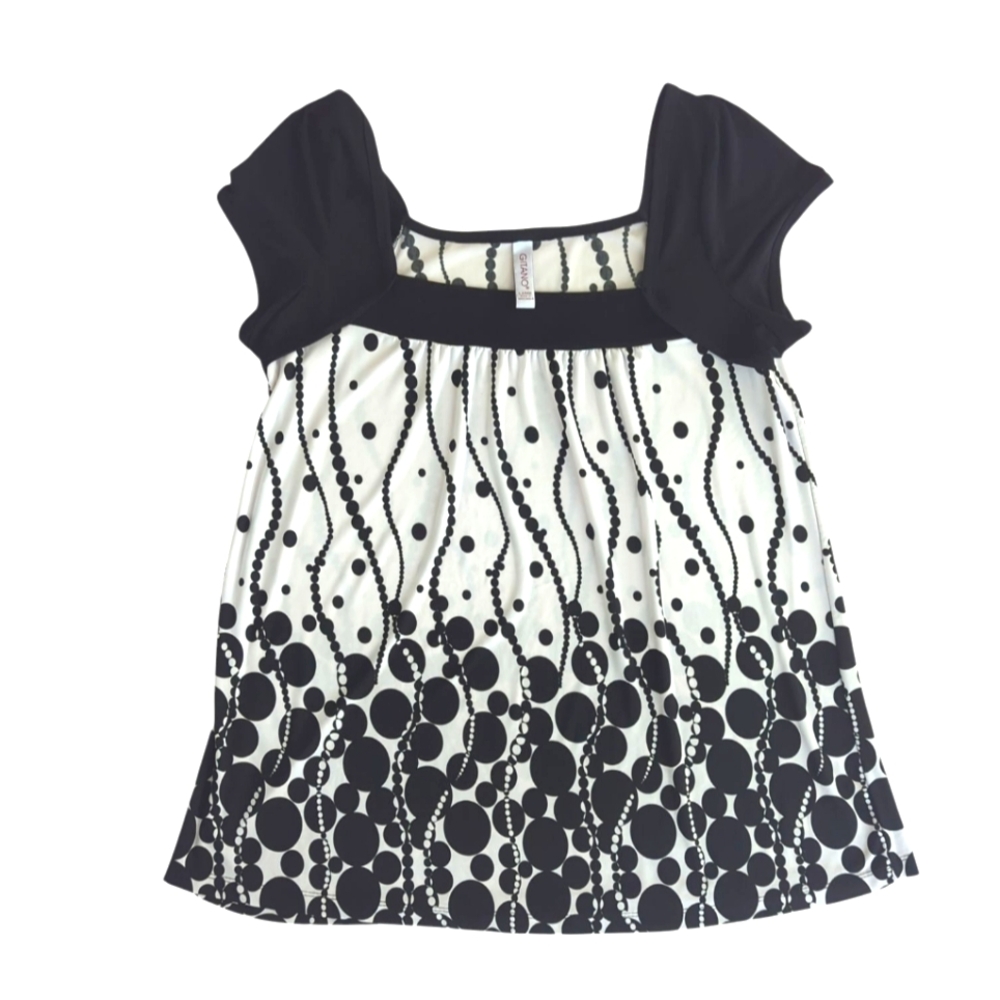 Gitano Stretch Square Neck Dotted Flowy Top Large Black Off White